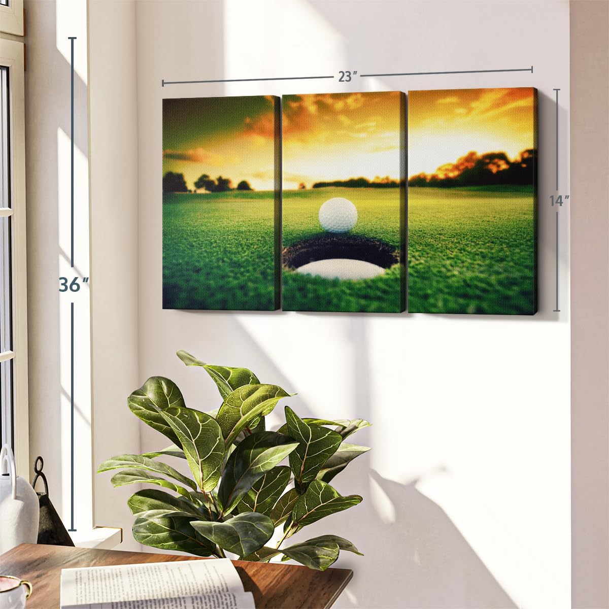 ElephantStock Golf Ball Wall Art - Horizontal Canvas - 3-Piece Living Room Wall Decor - Photography Sports Canvas Print - Orange and Yellow Decor for Wall - 23" X 14"