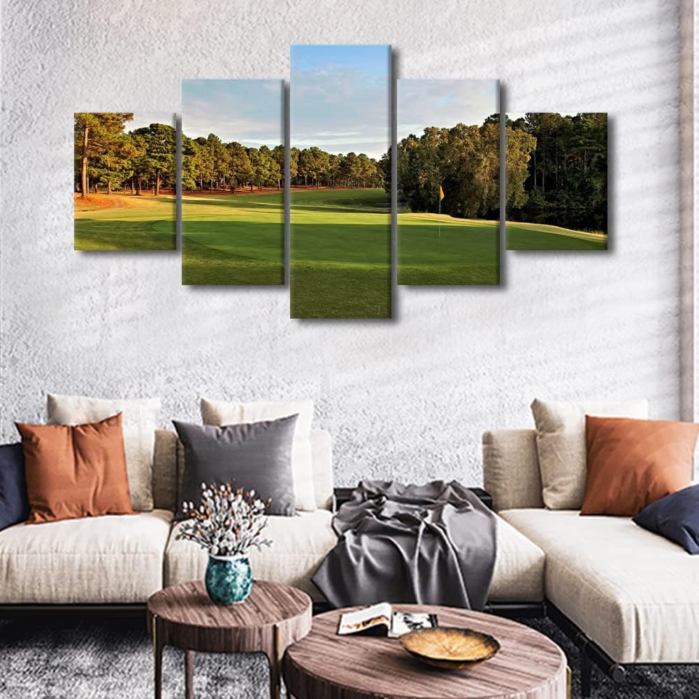 Golf Canvas Painting Prints and Poster Green Golf Course Scenery 5 Panel Pinehurst No.2 Pictures Modern Home Decor Living Room Wall Decorations Modern Large Artwork Stretched and Framed - 60"W x 32"H