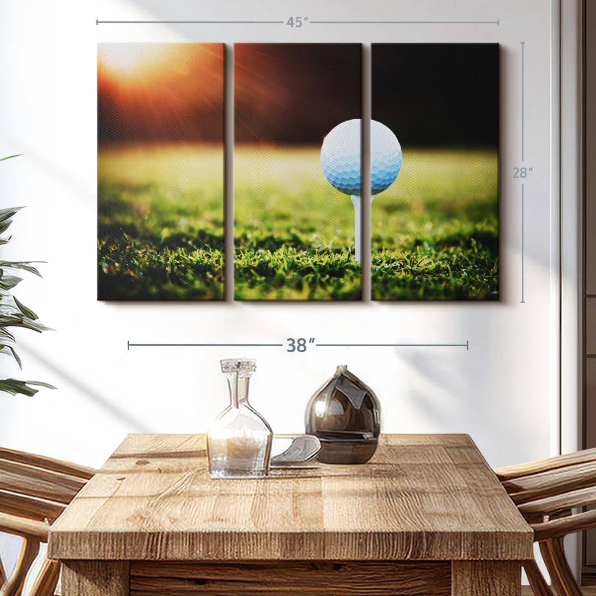 ElephantStock Golf Ball Tee Wall Art - Horizontal Canvas - 3-Piece Living Room Wall Decor - Photography Photographic Canvas Print - Black and White Decor for Wall - 45" X 28"