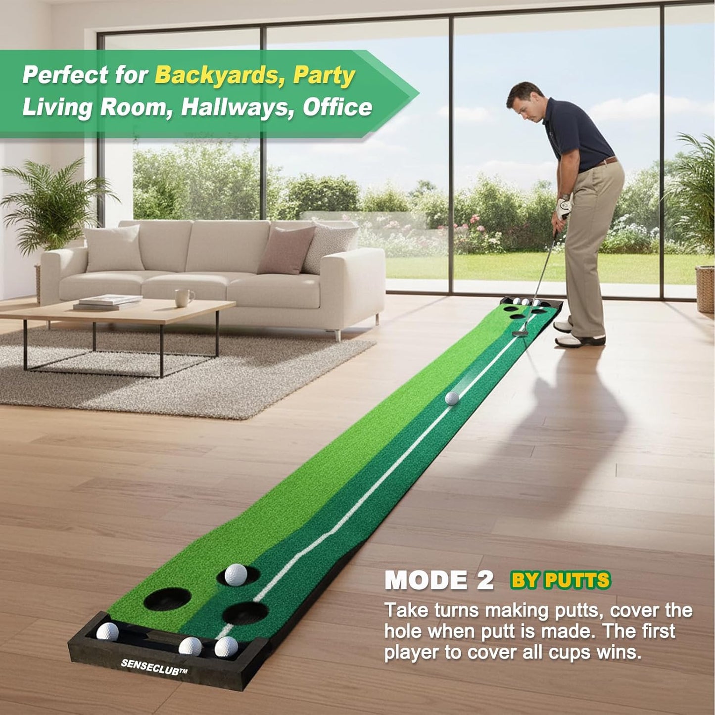 SENSECLUB Indoor Putting Green, Foldable Putting Mat Golf Game Set, Golf Gifts for Men with Ball-Collect System