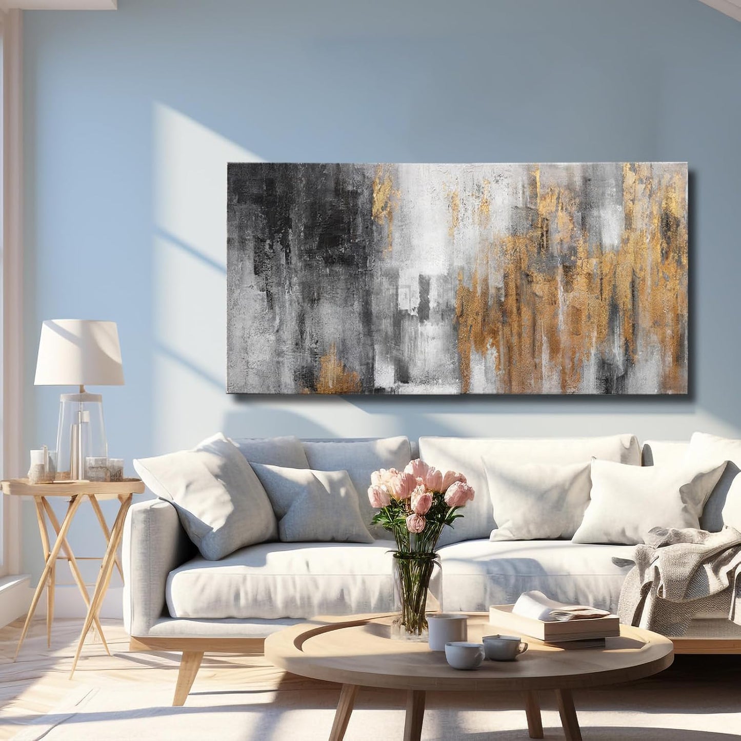 YJYart Black and Gold Wall Art - Hand Painted Painting - Vintage Decor for Living Room -Abstract Picture for Bedroom Office Hotel 24x48 Inch