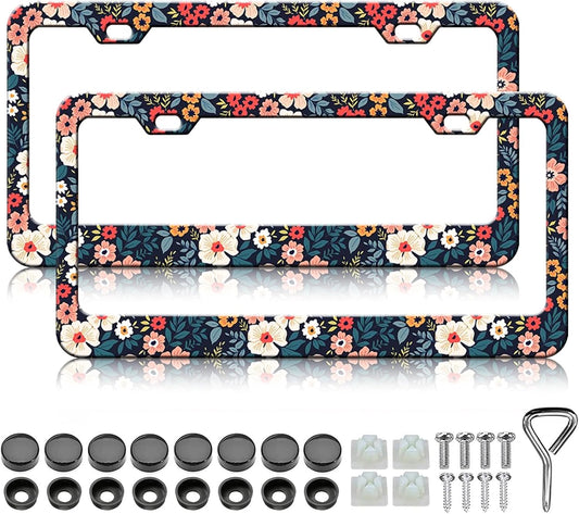 Folk Floral Flower License Plate Frames - 2 Pack Colorful Flowers License Plate Holder Covers for Women, Aluminum Metal Rust-Proof Waterproof Car Tag Frame with Screws Fasteners Caps