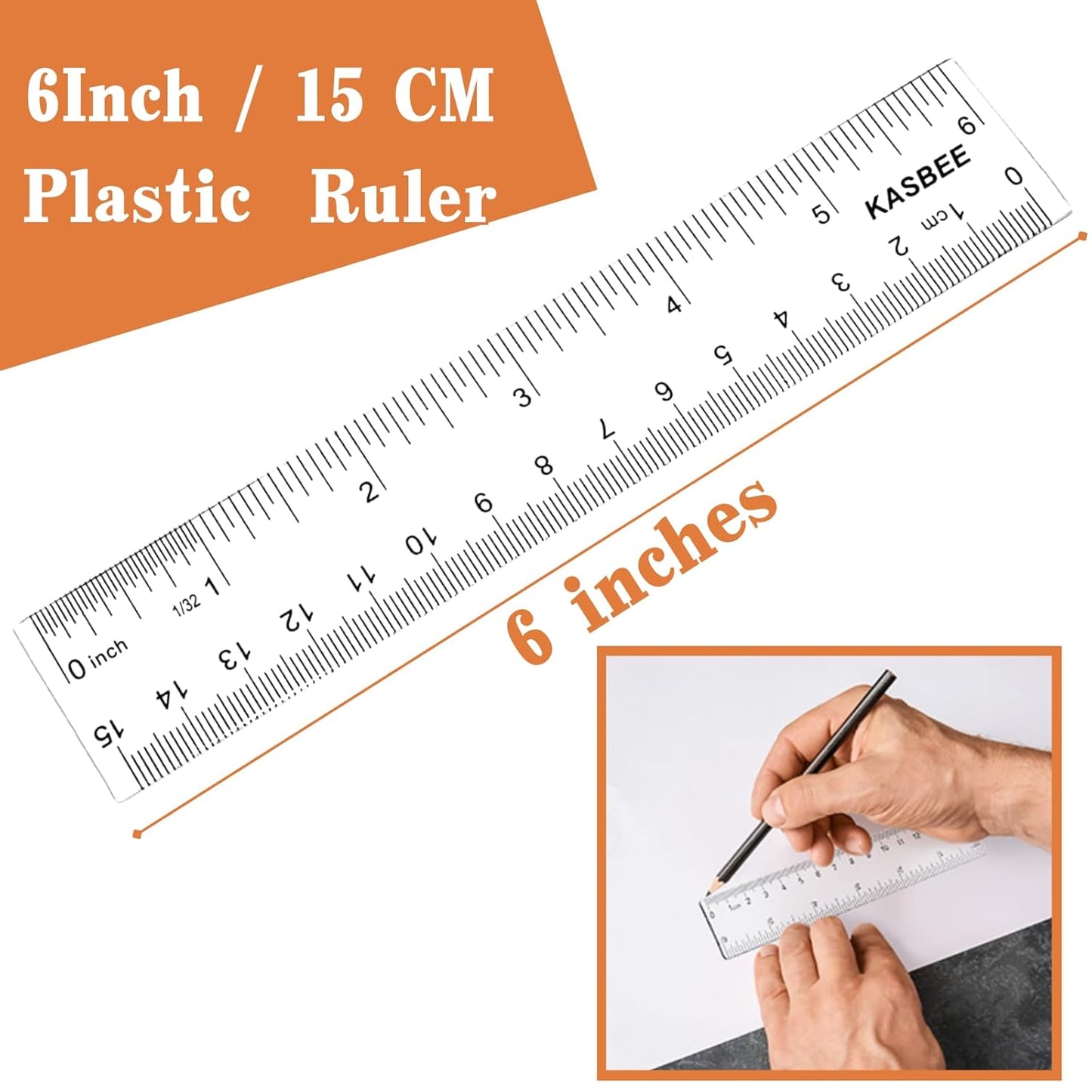 Plastic Rulers, 6 Inch Ruler, Clear Measuring Tool for Student School Office, Inches and Centimeters, Pack of 2