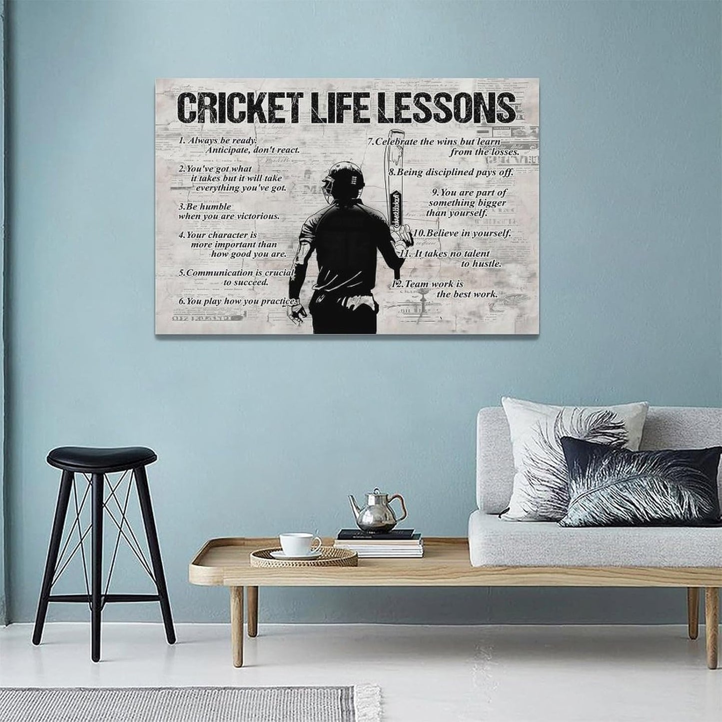 Gyeong Cricket Sports Wall Art Cricket Life Lessons Wall Decor Cricket Sign Retro Poster Boy Men Room Motivational Decorations Canvas Print Painting Artwork for Bedroom Bathroom Living Room 24"x16"