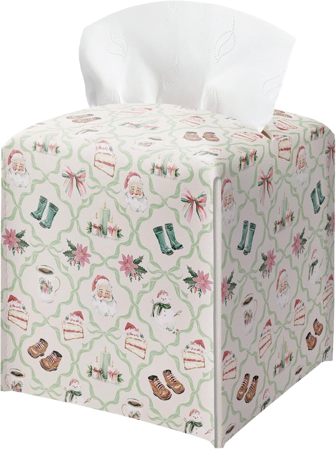 Christmas Tissue Box Holder, Watercolor Doodles Christmas Leather Tissue Box Cover Square with Bottom Belt, Paper Facial Decorative Tissues Cover for Bathroom Office Home Decor-B05