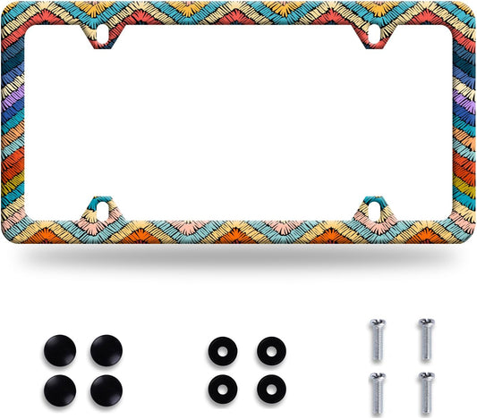 Boho License Plate Frame Colorful Stripe License Plate Stainless Steel Funny License Plate Holder Men Women Personalize Mandala Car Accessory Decoration 12.3" x 6.3"