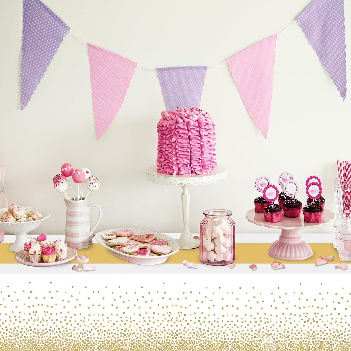 6 Pack Rectangle Plastic Dot Tablecloth Set, 54 X 108 Inch Plastic Table Cover, 12 x 108 Inch Satin Table Runners for Wedding Graduation Birthday New Year Party Decorations (White, Gold)