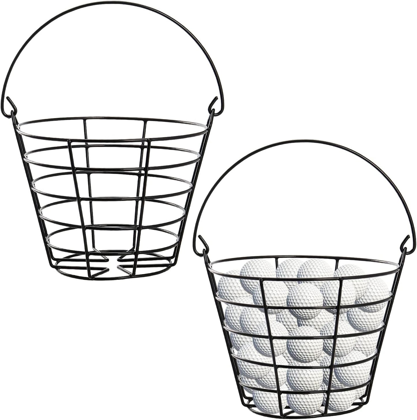 SINJEUN 2 Pack Metal Golf Ball Basket with Handle, Golf Ball Bucket, Golfball Container, Holds 50 Balls, Black