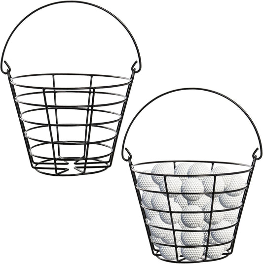 SINJEUN 2 Pack Metal Golf Ball Basket with Handle, Golf Ball Bucket, Golfball Container, Holds 50 Balls, Black
