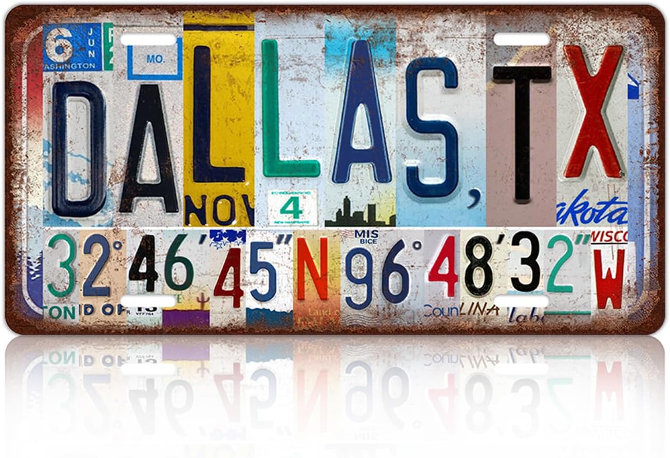 Vintage City License Plate Dallas,Tx Wall Decor Metal Tin Sign for Bar Home Bedroom 12 x 6 Inches （Including latitude and longitude）