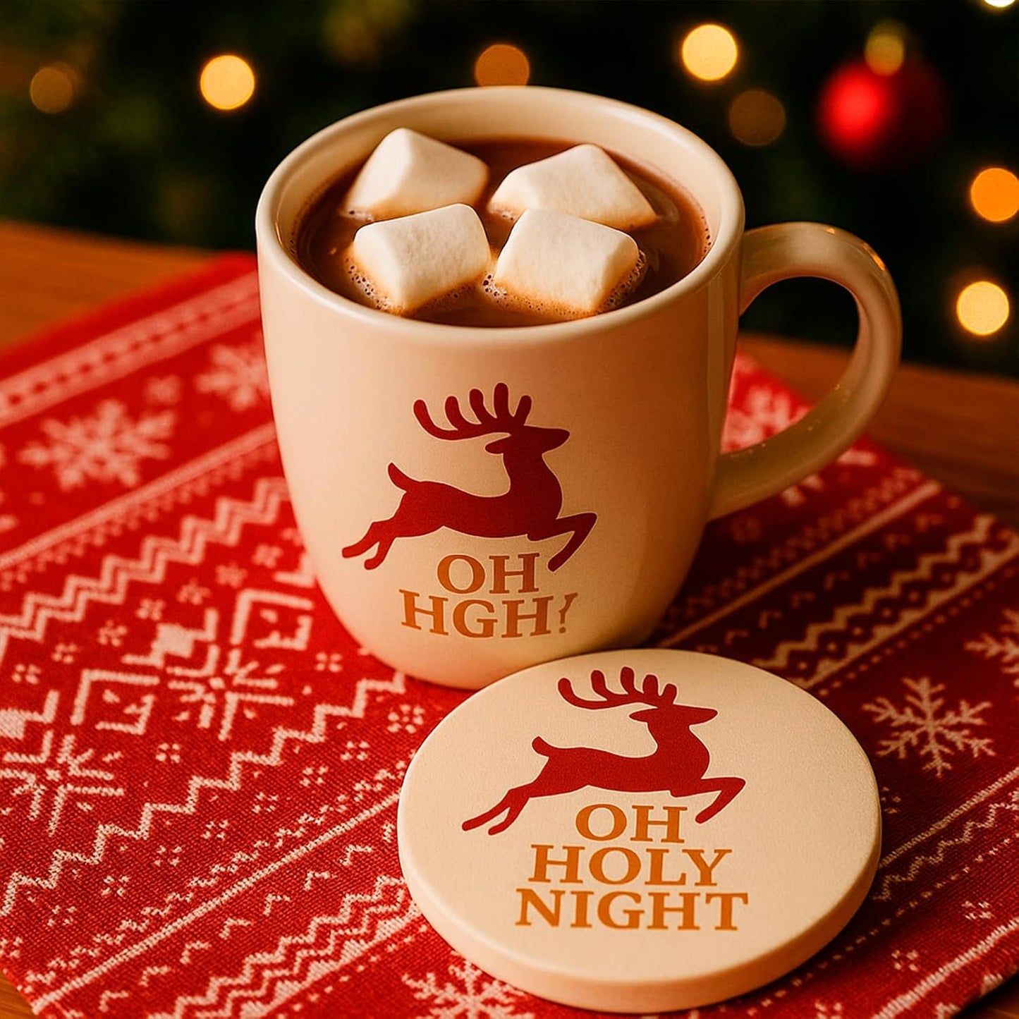 Christmas Ceramic Coasters Set of 4,“Oh Holy Night” Reindeer Absorbent Stone Drink Coasters with Non-Slip Cork Backing for Coffee Table, Holiday Party, Winter Home & Kitchen Decor