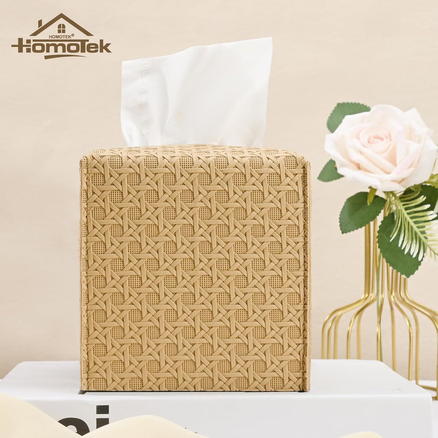 HOMOTEK 2 Pack Tissue Box Cover, Square PU Leather Tissue Holder, Decorative Facial Tissue Cube Paper Organizer Dispenser for Bathroom, Night Stands, Desk, Car 5X5X5'' - Rattan Weave,Camel