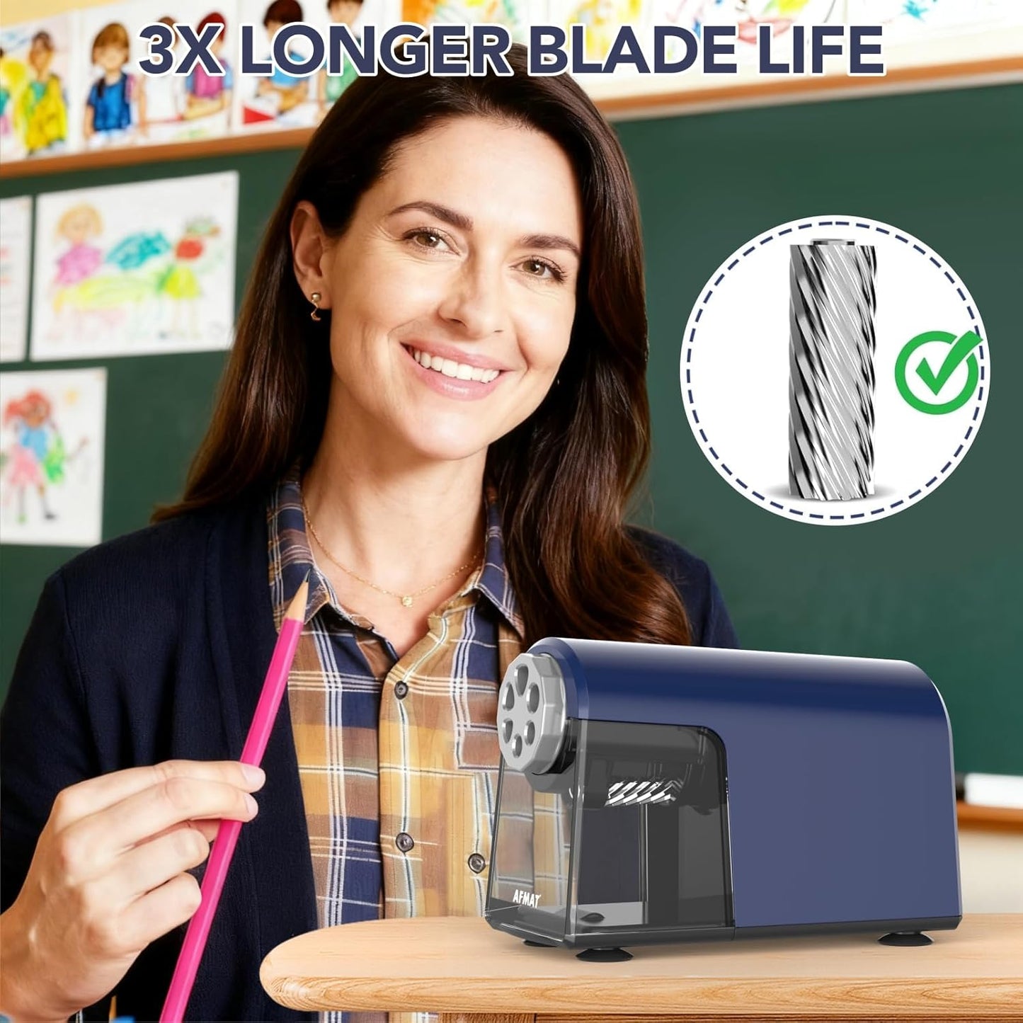 AFMAT PSD2 Electric Pencil Sharpener Heavy Duty, 6 Holes, Cordless & Rechargeable, Fast Sharpen, Auto Stop, 10K+ Uses, Classroom Pencil Sharpener for 6-11mm No.2/Large/Colored Pencils, Blue