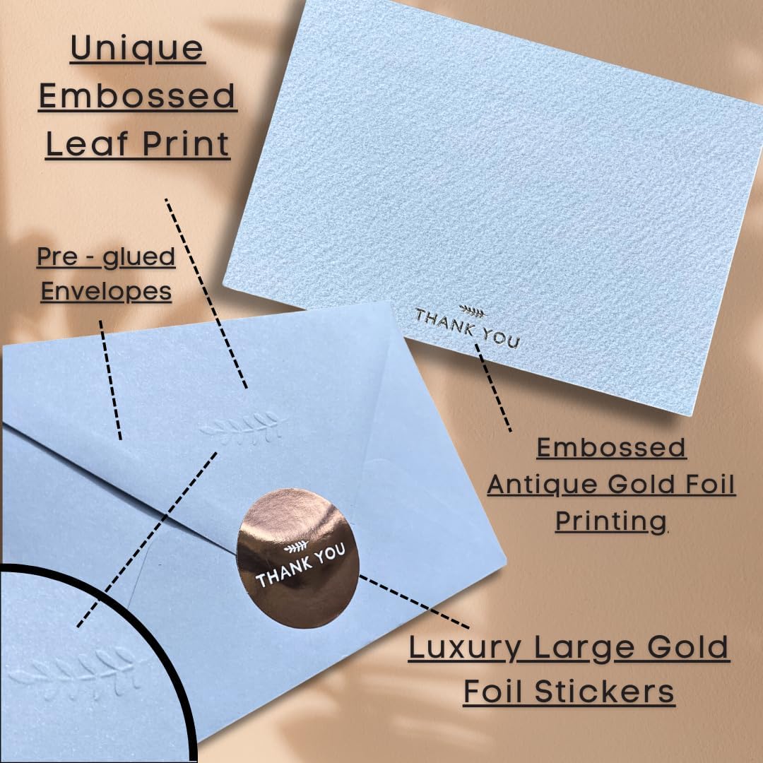 RUN2PRINT Thank You Cards with Envelopes & Gold Foil Stickers – 36‑Pack Flat Dusty Blue Cards (4″×6″) – Embossed Italian Textured Thick Paper – For Weddings, Business & Every Occasion (Carolina Blue, Pack of 36)