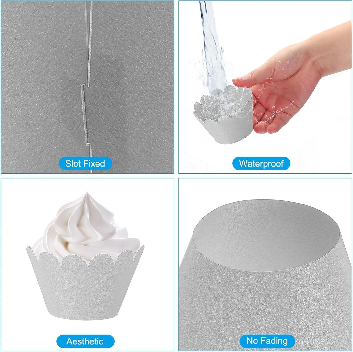 PATIKIL Cupcake Wrappers Paper, 50 Pack Baking Cups Standard Wave Decoration for Anniversary Birthday Weddings and Parties, Silver/Grey