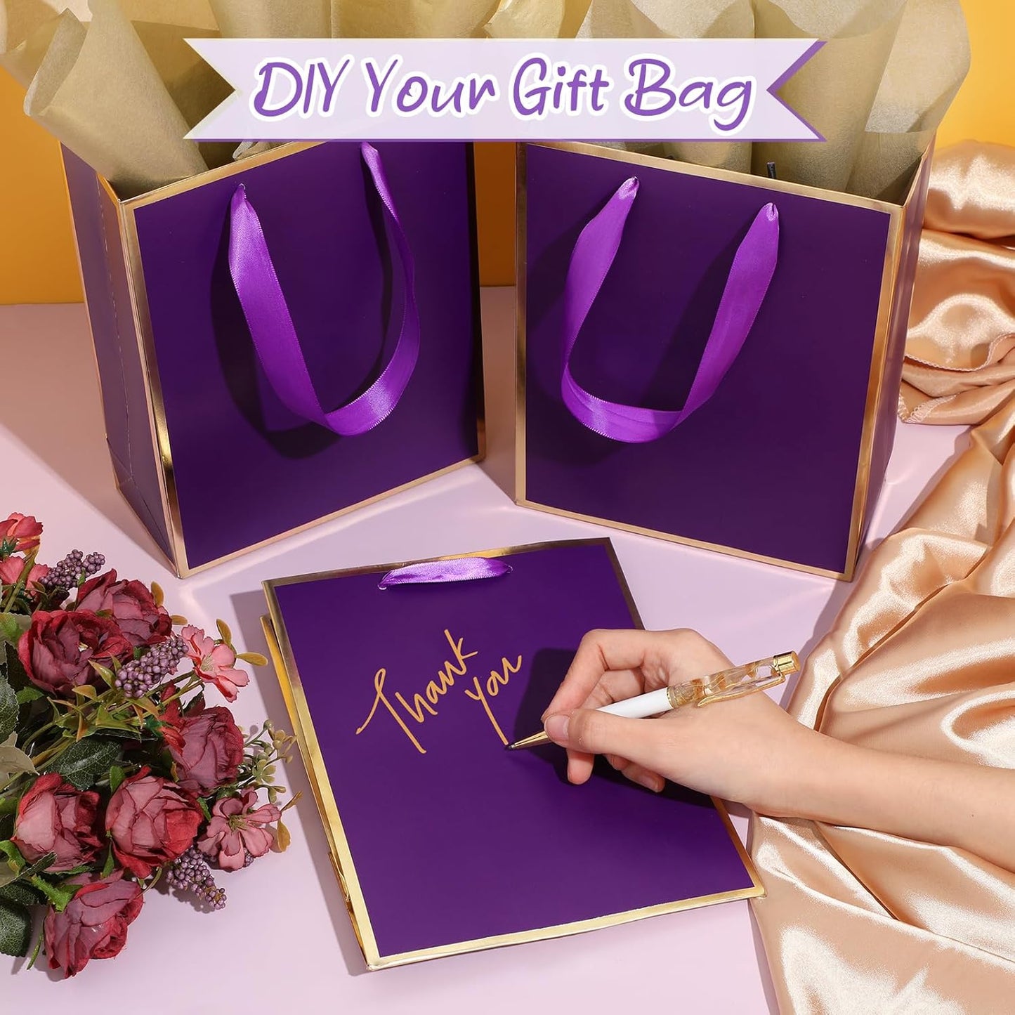 Yeaqee 24 Pack Metallic Paper Gift Bags with Handle and Tissue 9x7x3.1 Gold Foil Welcome Favor Bags Return Gifts for Wedding Fall 5 Senses Christmas Bridesmaid Birthday(Purple Gold)