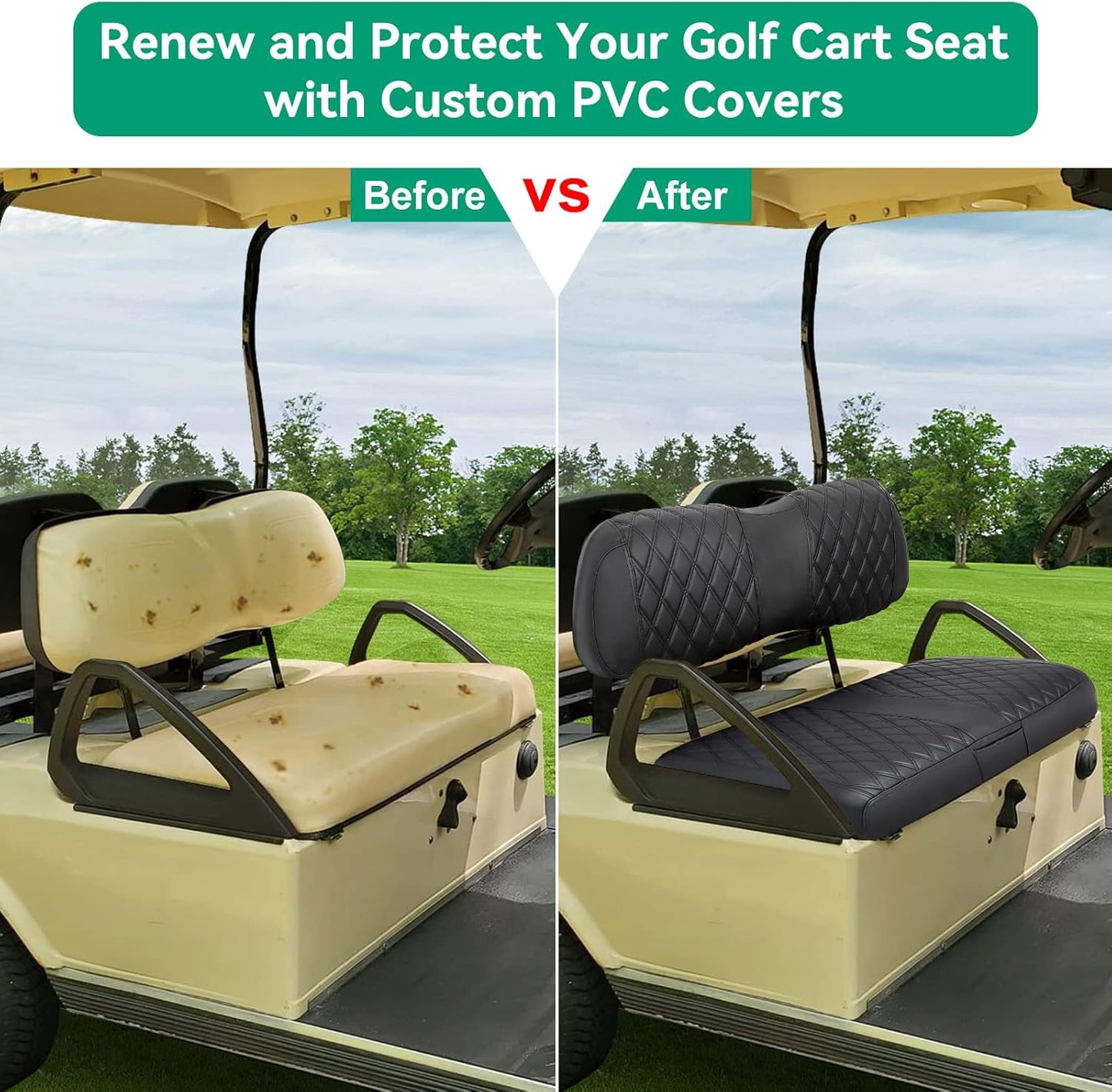 iLSKW Golf Cart Seat Covers Leather for Club Car DS OEM Front Seat Cover Set with Diamond Stripe PVC Leathur with Black Stitching Breathable Washable Anti-Chipping/Anti-Fading/No Stapler