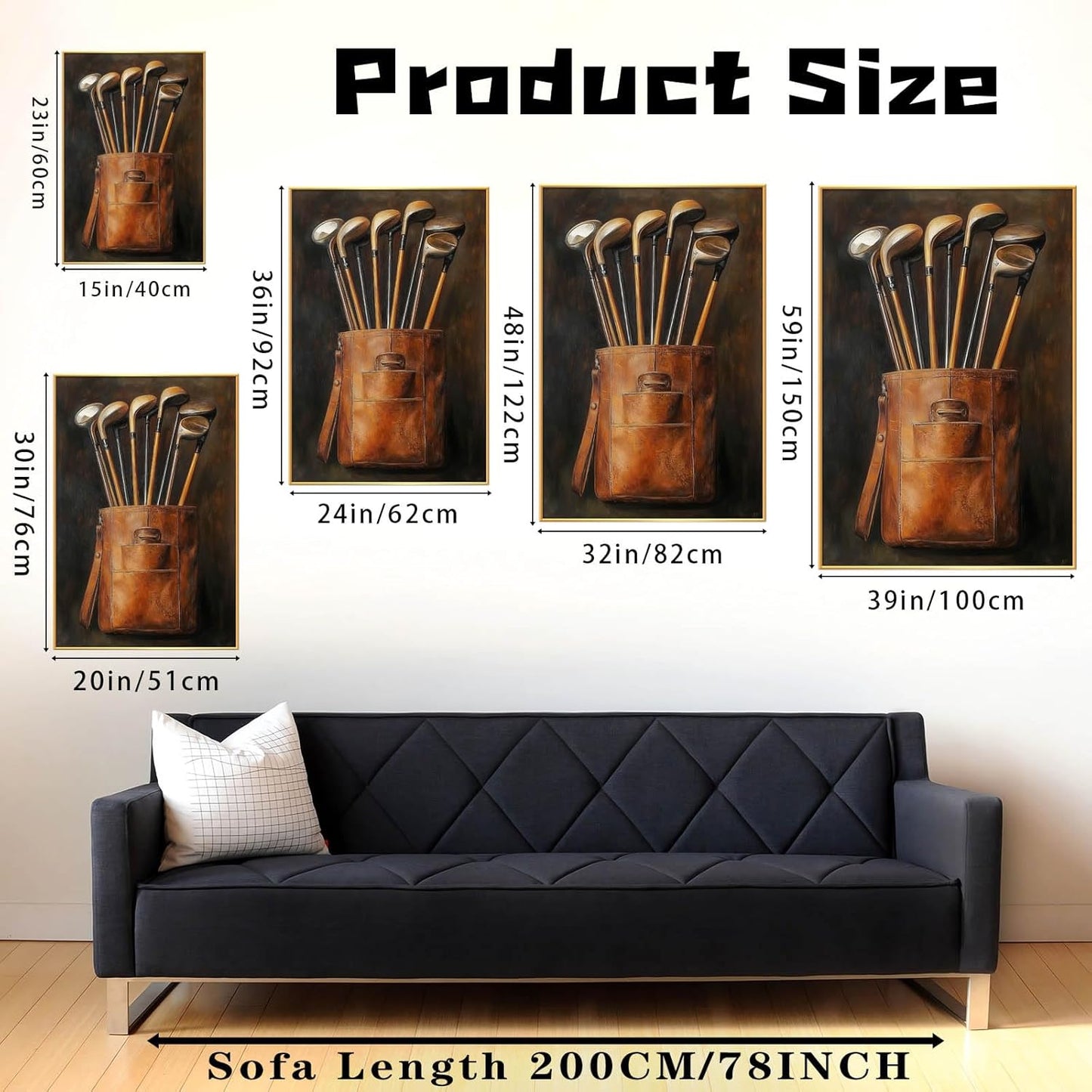 Golf Canvas Wall Art, Golf Canvas Prints, Vintage Wall Decor, Vintage Golf Clubs Living Room Wall Art, Man Cave Decor, Vintage Paintings with Frame, Golf Gift for Men (Gold Framed, 20"x30"|51x76cm)