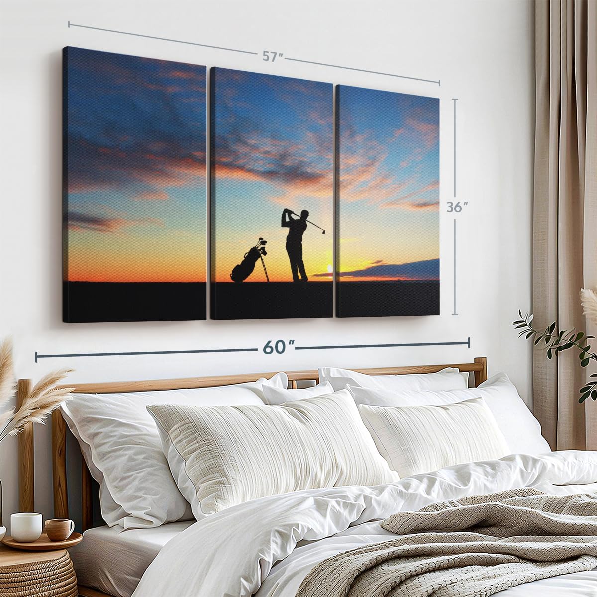 ElephantStock Golfing At Sunset Wall Art - Horizontal Canvas - 3-Piece Living Room Wall Decor - Golf Photography Canvas Print - Black and Orange Decor for Wall - 57" X 36"