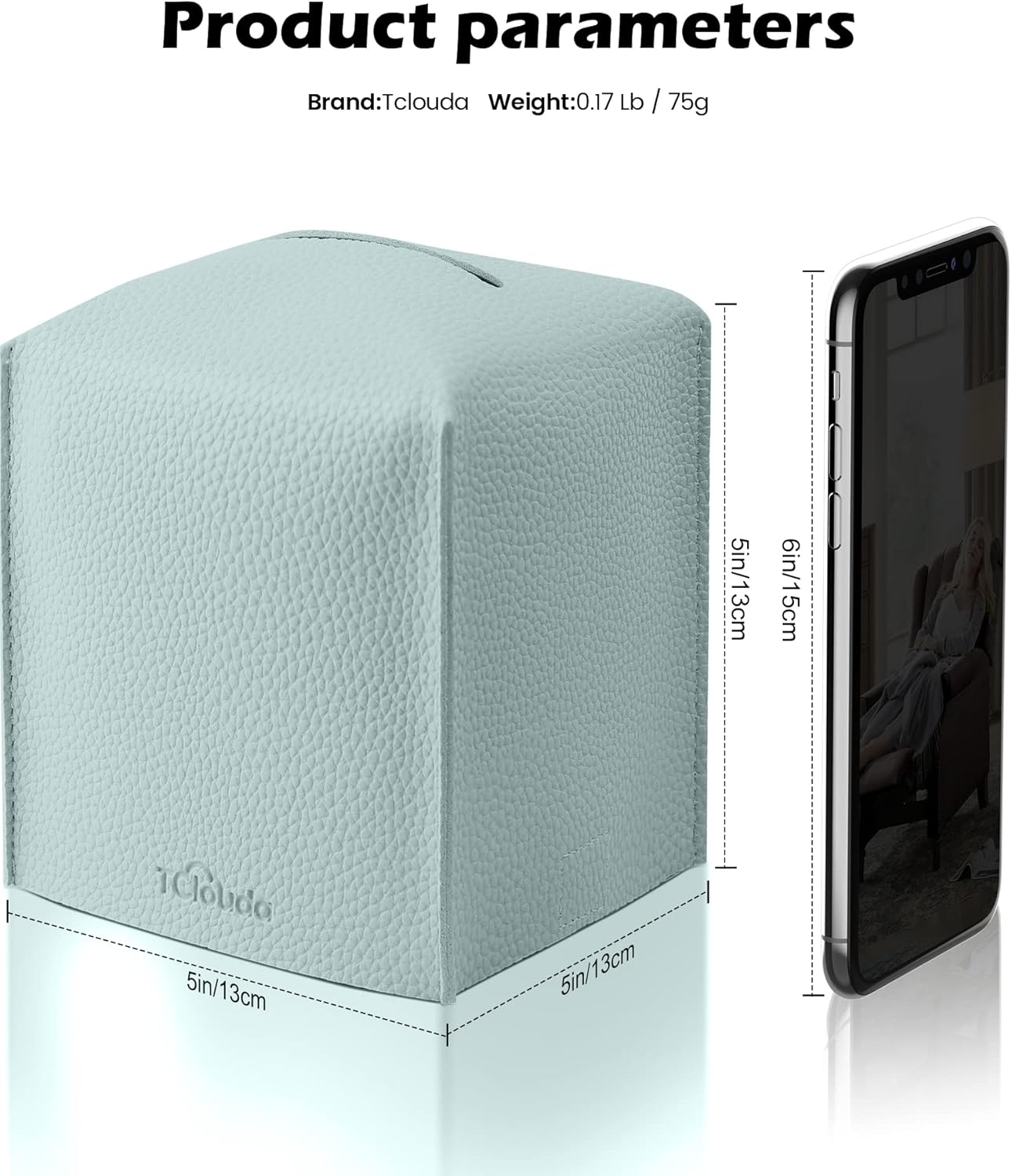 Tissue Box Cover for PU Leather, Modern Simple Solid Color Holder Square Tissue Bag, Ideal for Bathrooms,Office,Car,Outdoor Tent,Dining Table,5"X5"X5", Single Sky Blue