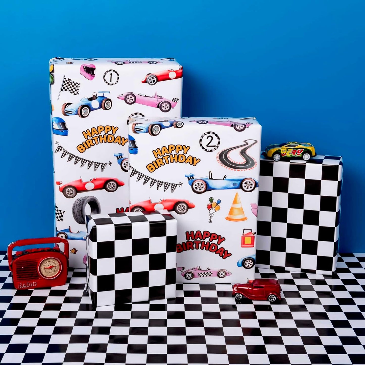 Vnaaem Reversible Vintage Race Car Wrapping Paper Roll for Kid's Boy's - Black & White Checkered Flag Gift Wrap for Birthday, Holiday, Fathder's Day, Baby Shower - 17 in x 20 ft(Total 28.5sq.ft)