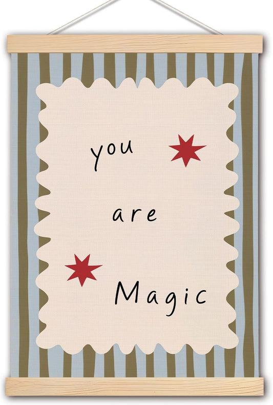 pouep You Are Magic Kids Nursery Wall Art Poster, Inspirational Positive Quote Neutral Striped Canvas Prints Wall Decor for Kids Boys Girls Bedroom Nursery Playroom, 12x16 Inches