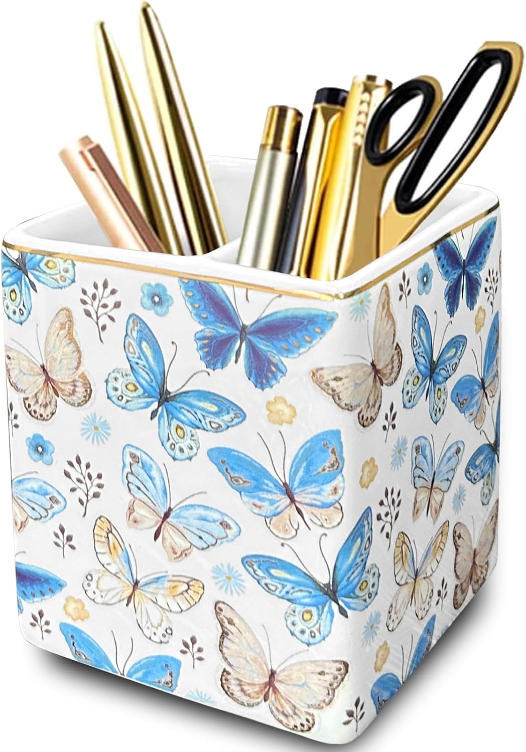 Pen Pencil Holder, Makeup Brush Holder,Ceramic Remote Control Holders Organizer with 2 Compartment Floral Multi-functional Office Organizers Storage Caddy Desk Tv Remote Holders Shiny Butterfly