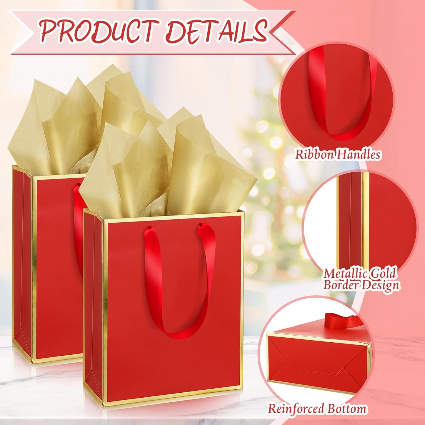 Yeaqee 24 Pack Metallic Paper Gift Bags with Handle and Tissue 9x7x3.1 Gold Foil Welcome Favor Bags Return Gifts for Wedding Fall 5 Senses Christmas Bridesmaid Birthday(Red Gold)