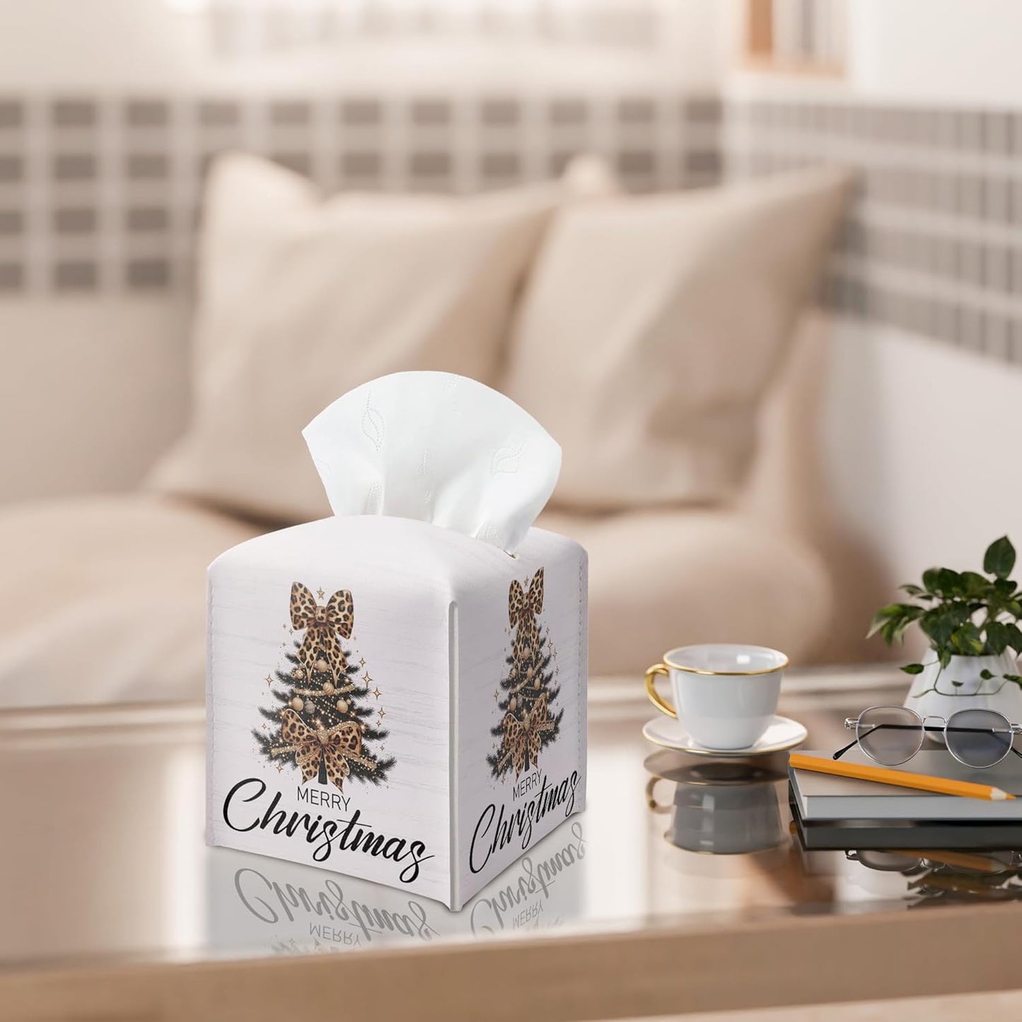 Christmas Tree Tissue Box Holder, Leopard Print Christmas Tree Leather Tissue Box Cover Square, Paper Facial Decorative Tissues Cover for Night Stands Bathroom Office Home Decor-B13