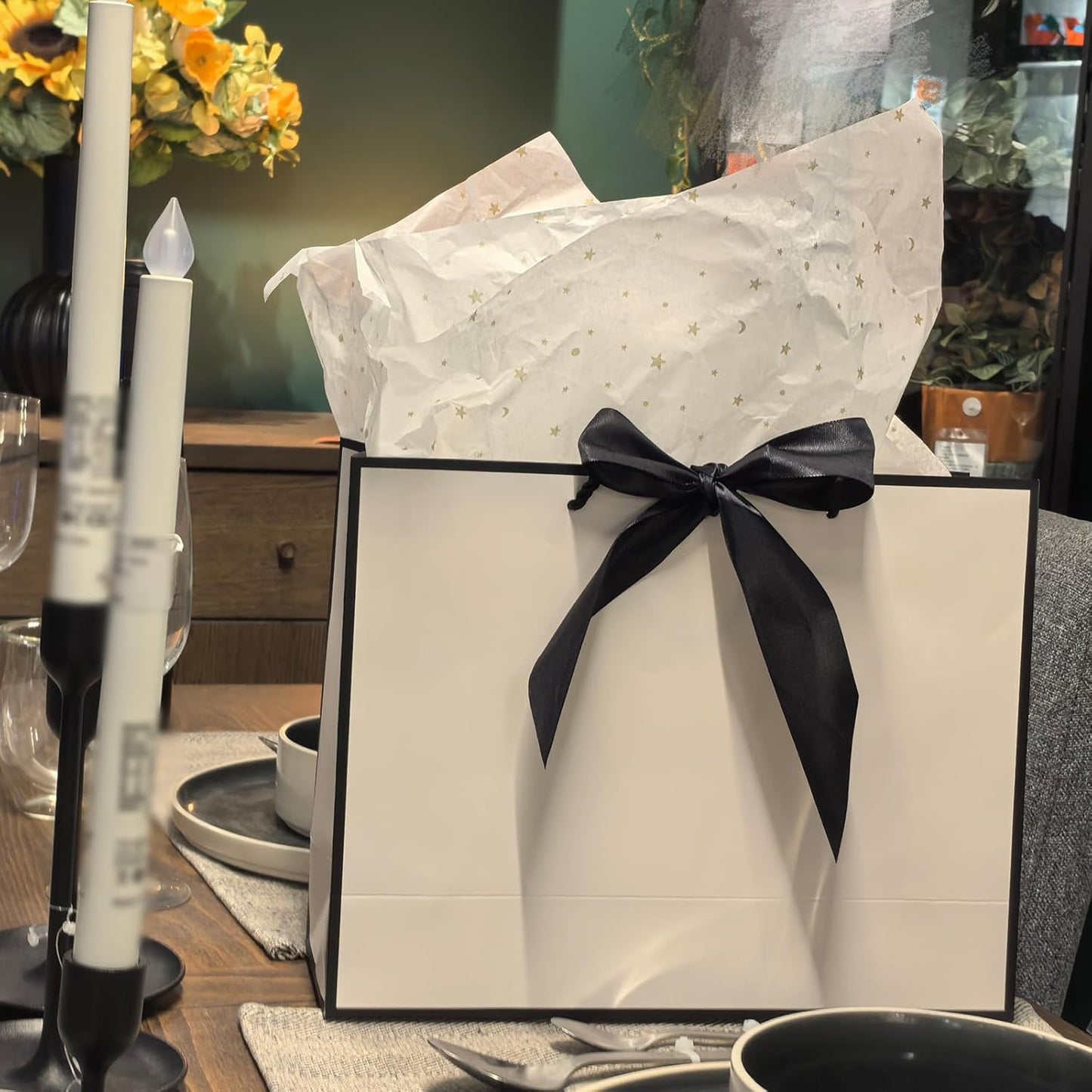 TKSBAG 12PCS Gift Bags Medium Size with Handles, 12.5 x 9.8 x 4.3 In White Black Thank You Bags with Bow Ribbon for Wedding, Birthday, bridesmaid, Groomsmen, Party Favors, Thanksgiving, Christmas