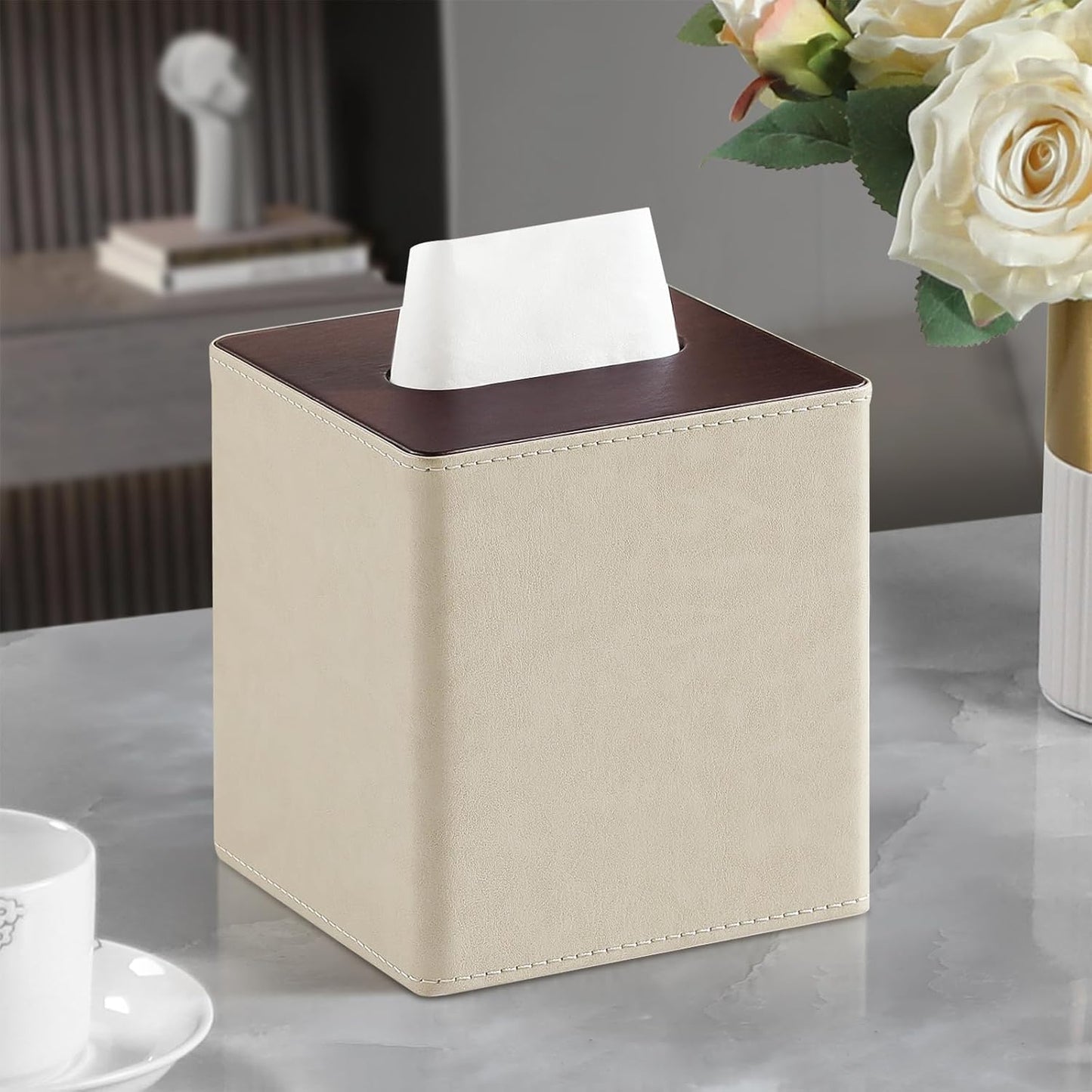 PU Leather Tissue Box Cover Square Tissue Box Holder with Magnetic Closure (Beige)