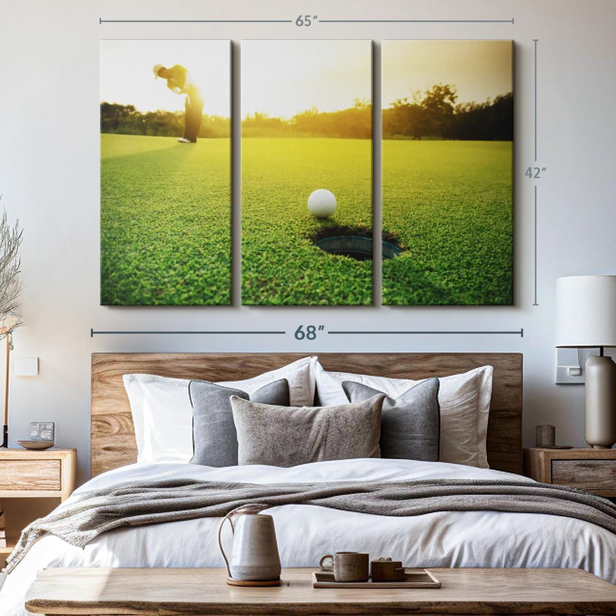 ElephantStock Golf Ball Strike Wall Art - Horizontal Canvas - 3-Piece Living Room Wall Decor - Photography Sports Canvas Print - Green and White Decor for Wall - 65" X 42"