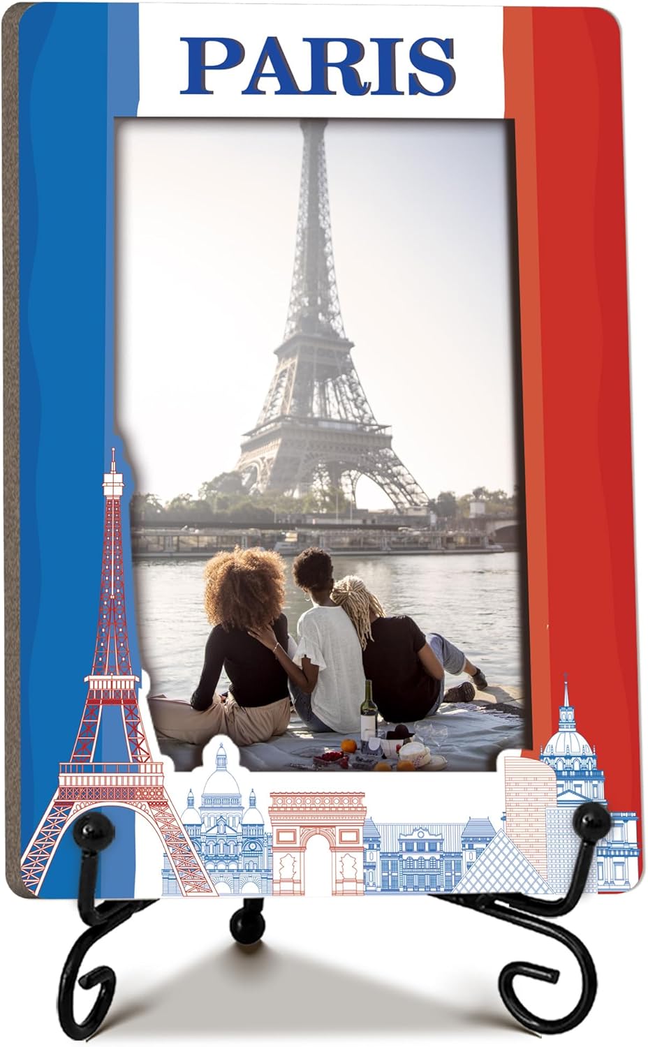 Paris Travel Picture Frame, 5 x 8 Paris Themed Wooden Photo Frame with Stand, Vacation Anniversary Honeymoon Gifts For Friend Family Couples, Home Office Desk Decorations-A19