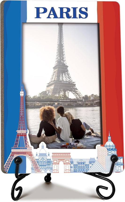 Paris Travel Picture Frame, 5 x 8 Paris Themed Wooden Photo Frame with Stand, Vacation Anniversary Honeymoon Gifts For Friend Family Couples, Home Office Desk Decorations-A19