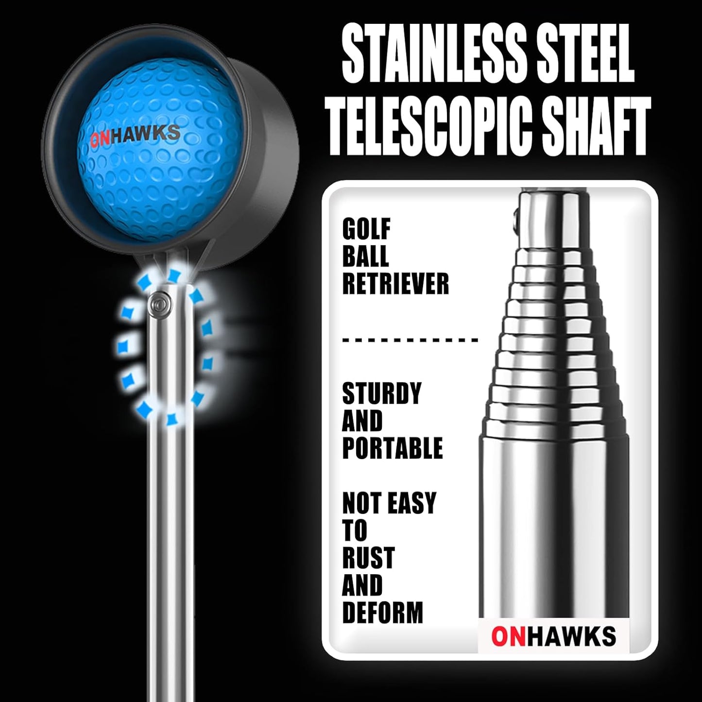 Golf Ball Retriever for Water,Telescopic 12Ft/9Ft Stainless Steel Shaft Two-Sided Easy Pick Up Balls,Unbreakable Head Retriever Tool Golf Accessories Golf Gift for Men