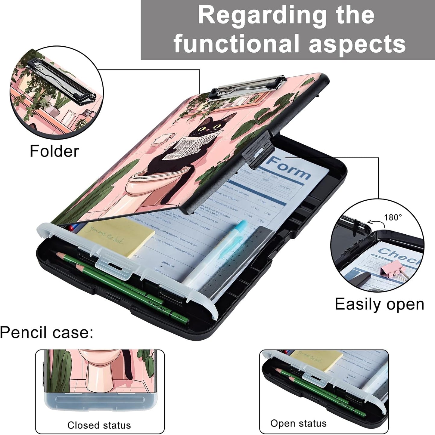 Clipboard with Storage - Large Capacity,Nursing Clipboard with Pen Holder,Heavy Duty,Plastic Side-Opening Folder for Teacher,Nurse - Black Cat on Toilet
