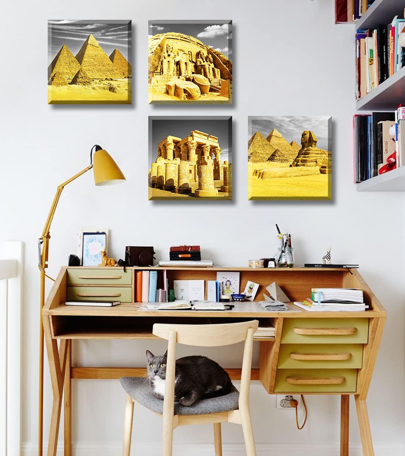 DJSYLIFE Bedroom Decor Gold Wall Art Egyptian Pyramids Canvas Print Picture Gray White Posters Modern Artwork for for Living Room Bathroom Office Home Decoration Framed Ready to Hang 12"X12"X4