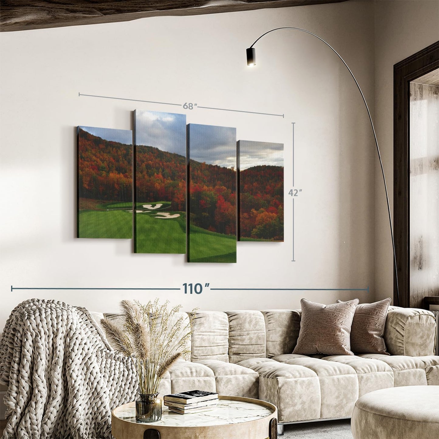 Elephant Stock Autumn Golf Course Wall Art - Horizontal Canvas - 4-Piece Living Room Wall Decor - Photography Sports Canvas Print - Blue and Orange Decor for Wall - 68" X 42"