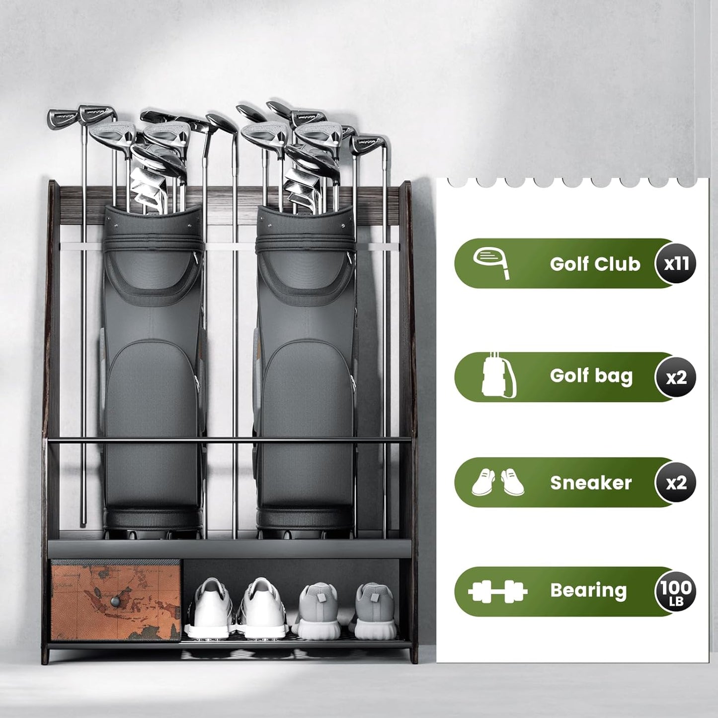 Golf Bag Organizer Rack – Large Wooden Golf Storage for 2 Bags, Clubs & Accessories with Dustproof Drawer, Sports Equipment Rack for Garage, Practice Room, Home or Office (Black)