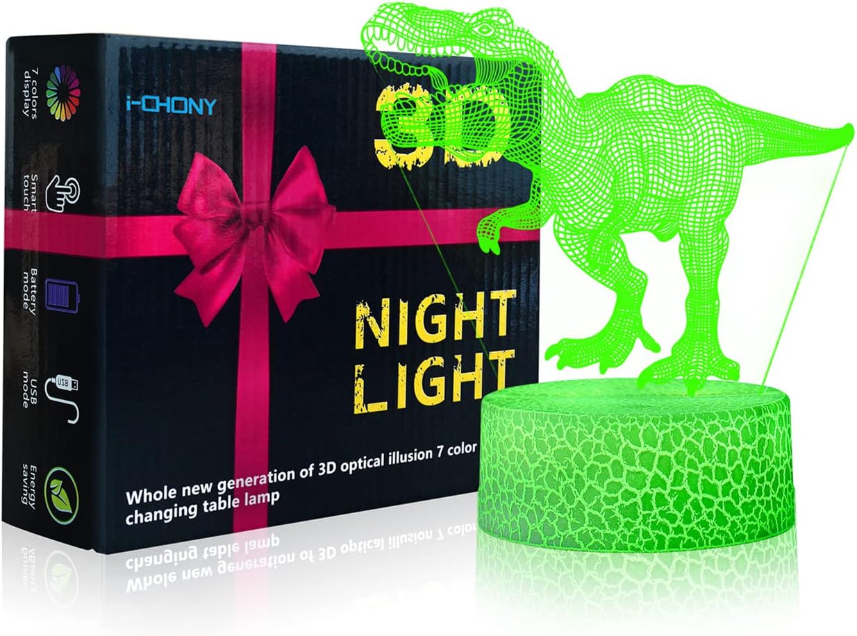 i-CHONY Dinosaur Toy T-Rex 3D Night Light for Kids - 16 Color Dimmable LED Light with Remote & Smart Touch & USB Cable - Gift for Adults, Teens, Boys, Girls Birthday