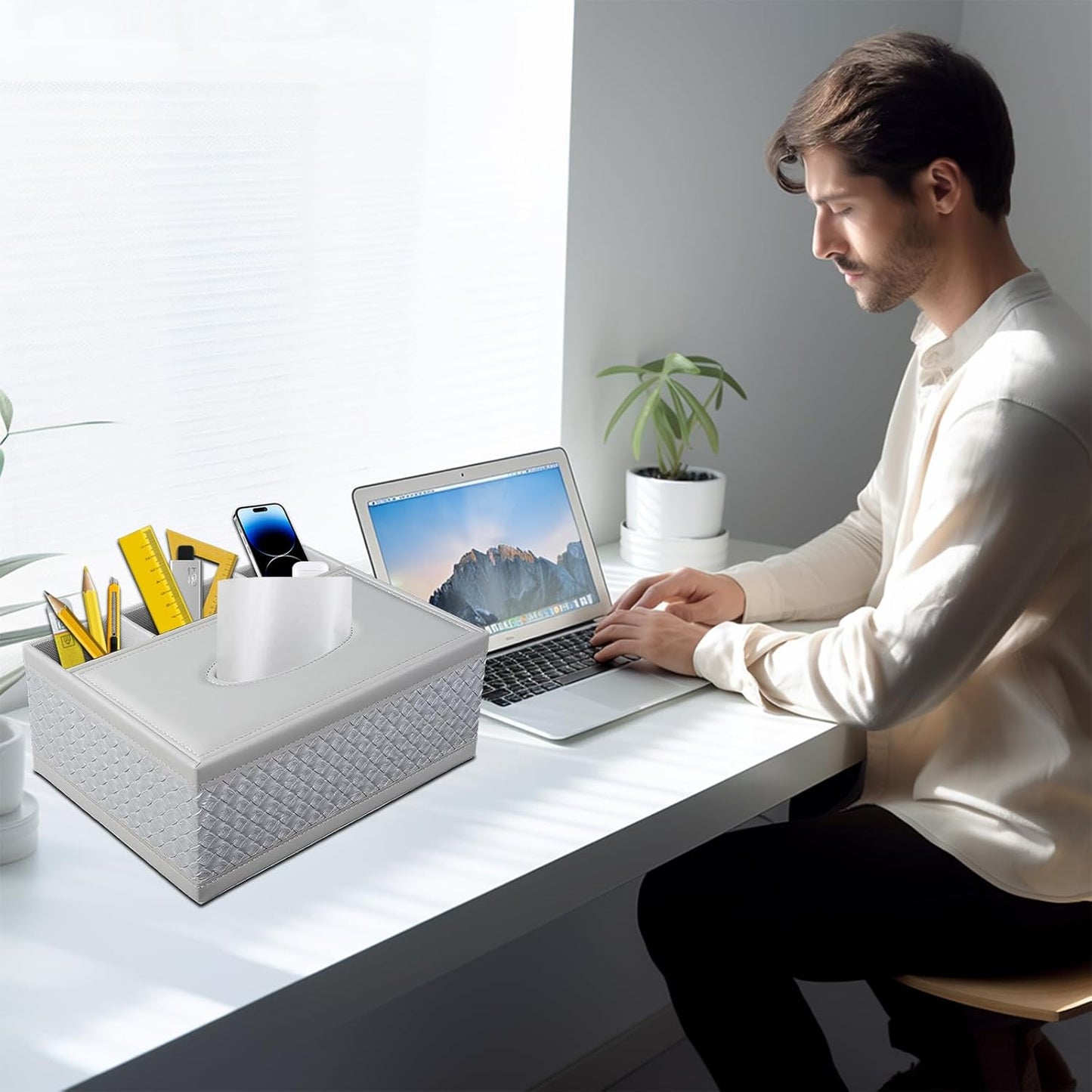 Tissue Box Cover Rectangle White Kleenex Box Holder PU Leather Facial Tissue Organizer,Multifunctional Remote Control Stationery Storage Box,Home Office Supplies Car Napkin Caddy