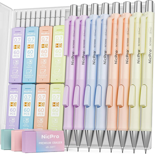 Nicpro 8 Pack Pastel Mechanical Pencil 0.7mm, Cute Fast Click Mechanical Pencils Set with 480PCS HB Lead Refills, 3 Erasers with Case, Aesthetic School Supplies for Writing Drawing Sketching