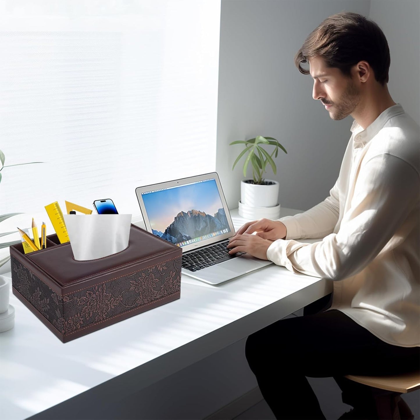 Tissue Box Cover Rectangle Retro Tissue Box Holder PU Leather Facial Tissues Organizer,Multifunctional Remote Control Stationery Storage Box,Home Office Supplies Car Napkin Caddy