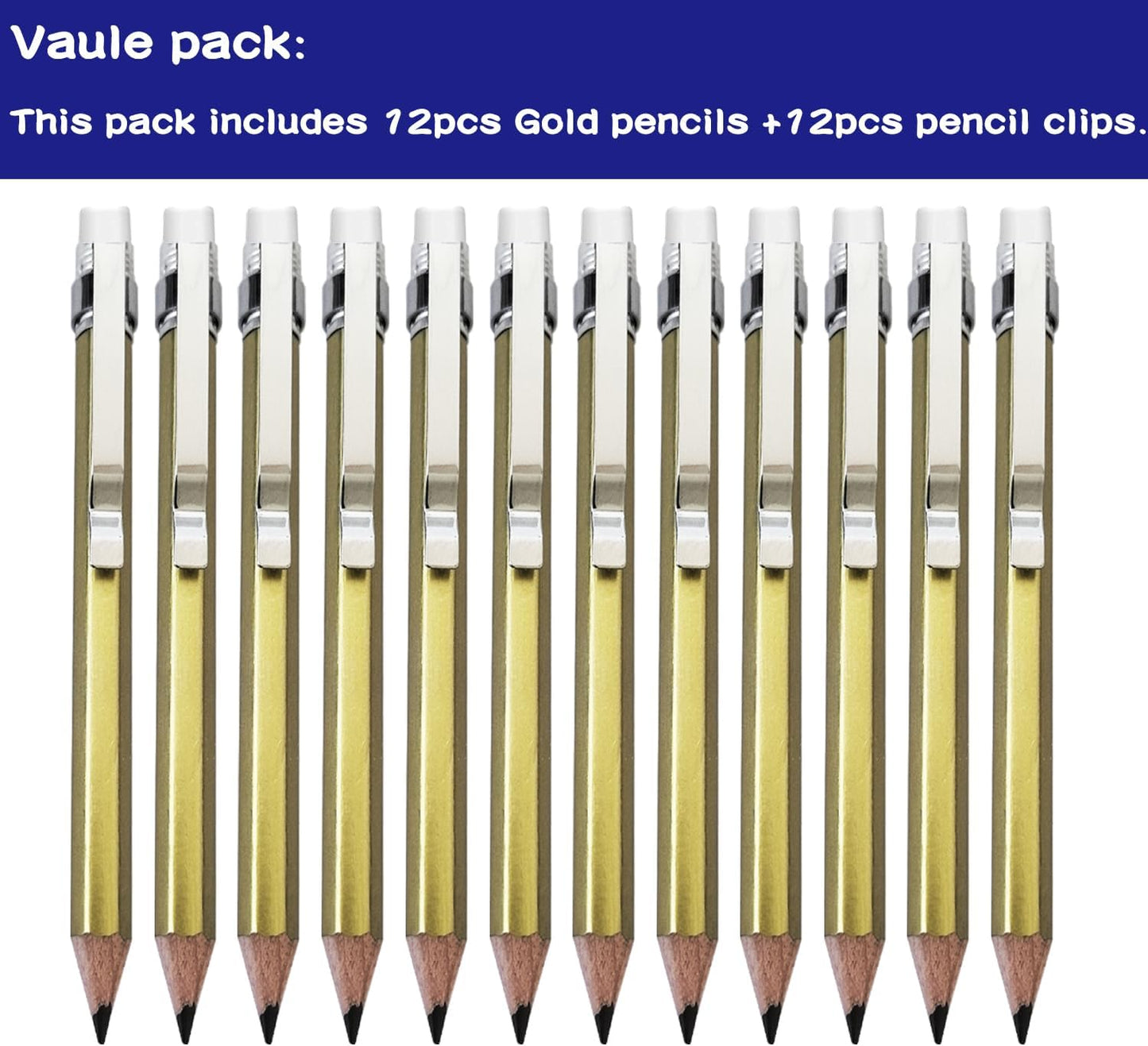 Adhere 12pcs Golf Pencils with eraser Hexagon gold Wooden Pencils Graphite 2B for Golf Event Scoring,Classroom,Wedding,Company Meetings,Pew, Pocket (z-Gold pencil 12pcs + pencil clip 12pcs)