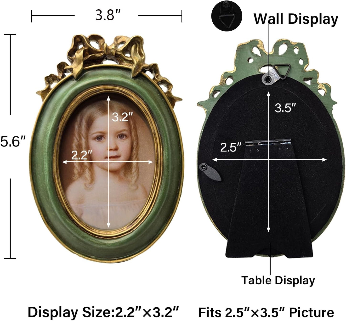 SYLVIA'S SHOP 2.5x3.5 Small Vintage Oval Picture Frame, Tiny Antique Ornate Photo Frame, for Tabletop and Wall Display, Retro Home Decor, Old Fashioned Photo Gallery Art, Green