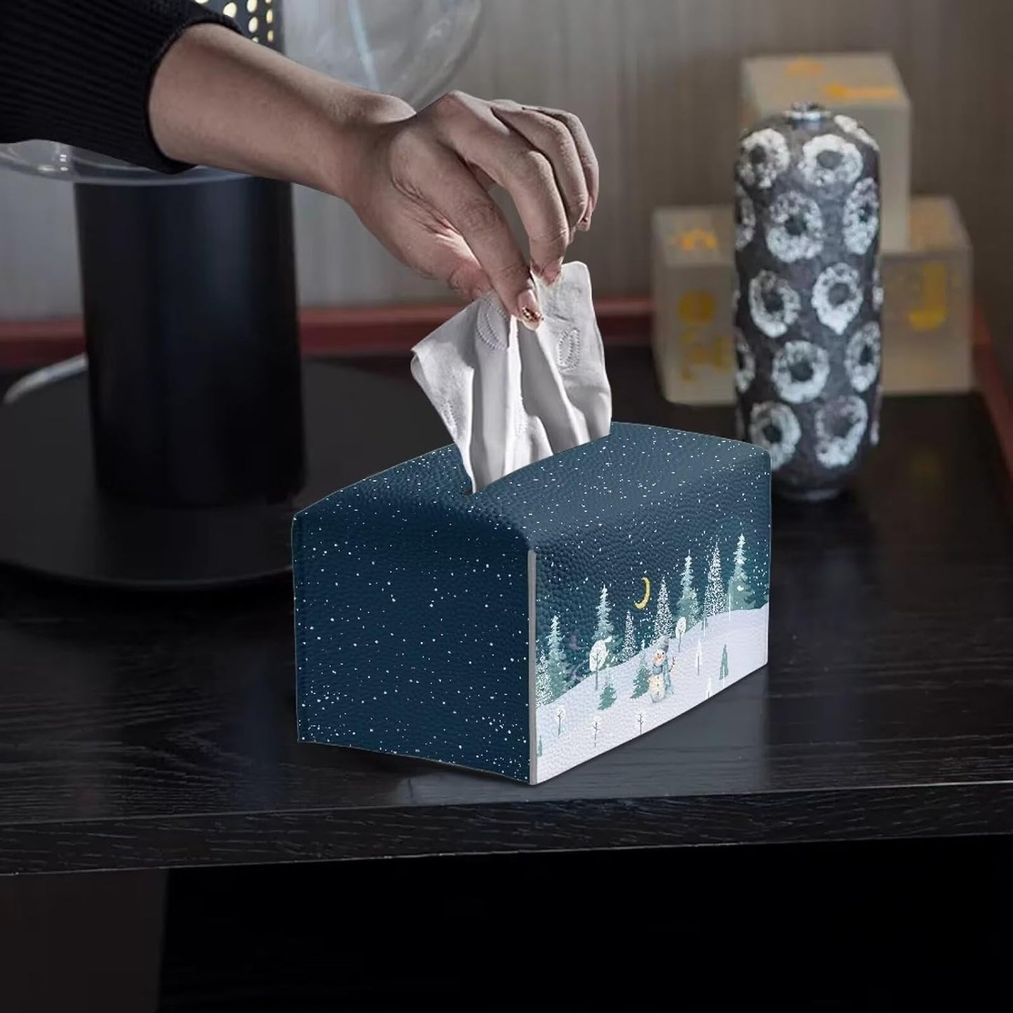 Winter Christmas Tree Snowman 9.7x5.2x5.12 Pu Leather Rectangle Tissue Box Modern Decorative Tissue Box Case Organizer Holder Practical Stable Tissue Box Organizer for Home