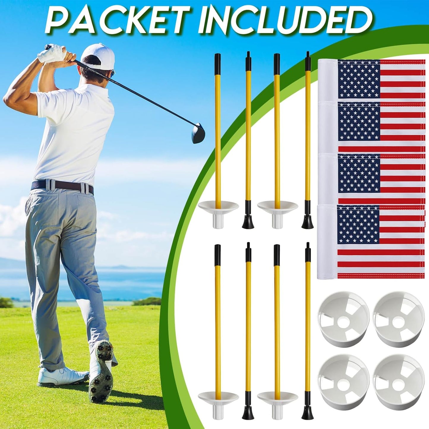 Meooeck 4 Pack Golf Flagstick 3ft Putting Green Pin Flag and Hole Cup Set for Yard Portable 2 Section Fiberglass Mini Golf Set for Driving Range Backyard, Double-side American Flag
