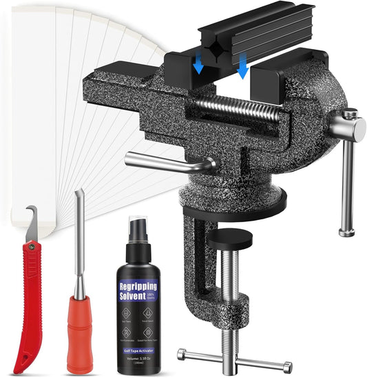 Golf Grip Kit for Regripping Golf Club, Golf Grip Removal Tool with Portable Vise Clamp, Solvent, 15 Double-Sided Tapes (2"x10"), Hook Knife & Tape Remover & Rubber Sleeve – DIY Golf Club Repair Kit