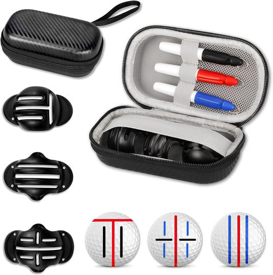 Golf Ball Line Marker Tool, 3 Golf Ball Marker Stencil and 3 Color Golf Ball Line Marker, Golf Ball Alignment Marking Tool, Golf Ball Stencil with Compact Case Easy to Carry Golf Ball Marker
