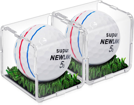 Tioncy 2 Pcs UV Protected Golf Ball Holder Display Case with Turf 2x2 x2 Inch Clear Acrylic Golf Ball Hole in one Stand Display Case Storage Box for Memorabilia Autograph Souvenir Collection